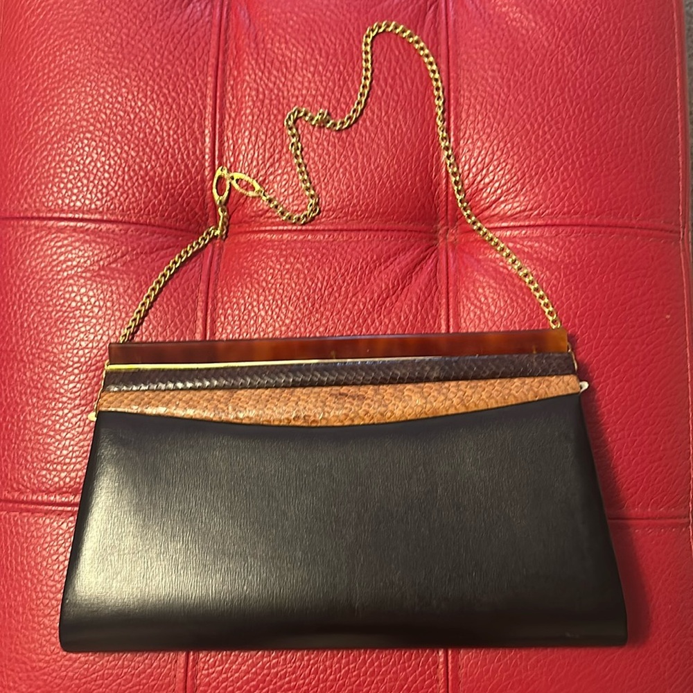 Vintage black brown snakeskin trim with lucite clutch handbag
